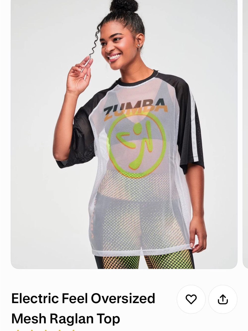 Zumba Fitness White Mesh Raglan Top with Black Sleeves and Neon Logo